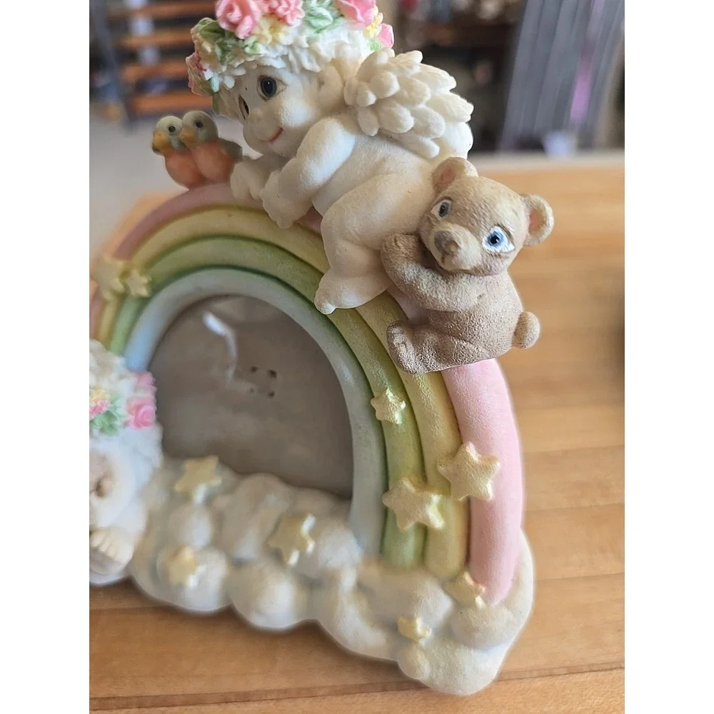 VTG Cherub Angel Rainbow Photo Frame Pastel‎ Resin Figurine Baby & Child Nursery